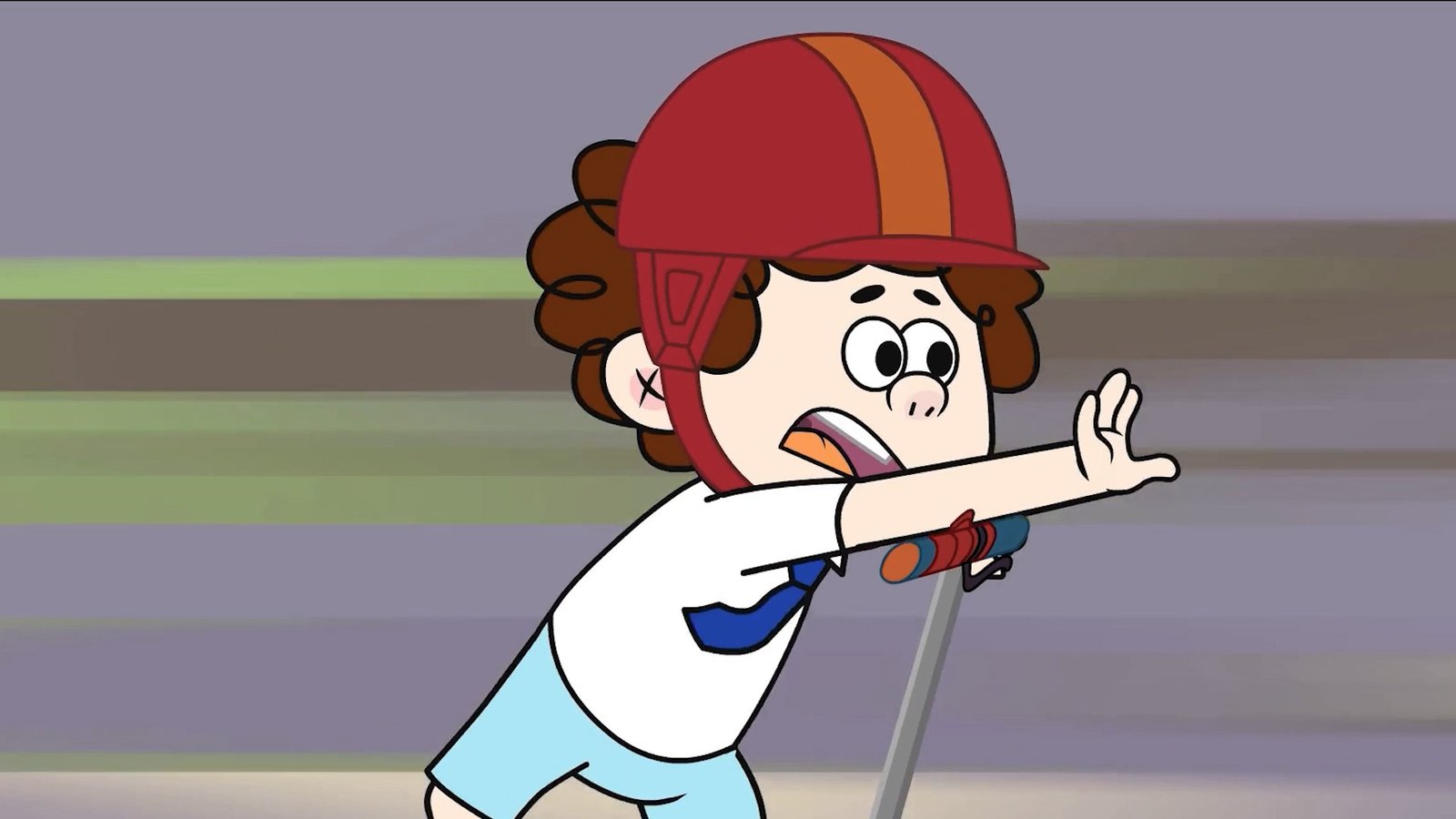 The same cartoon boy shouting and reaching out a hand while riding his scooter