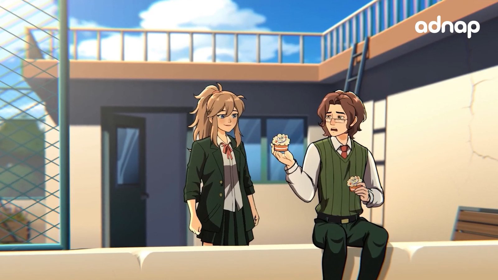 Anime-style scene of two students in green uniforms sharing snacks on a sunlit school rooftop