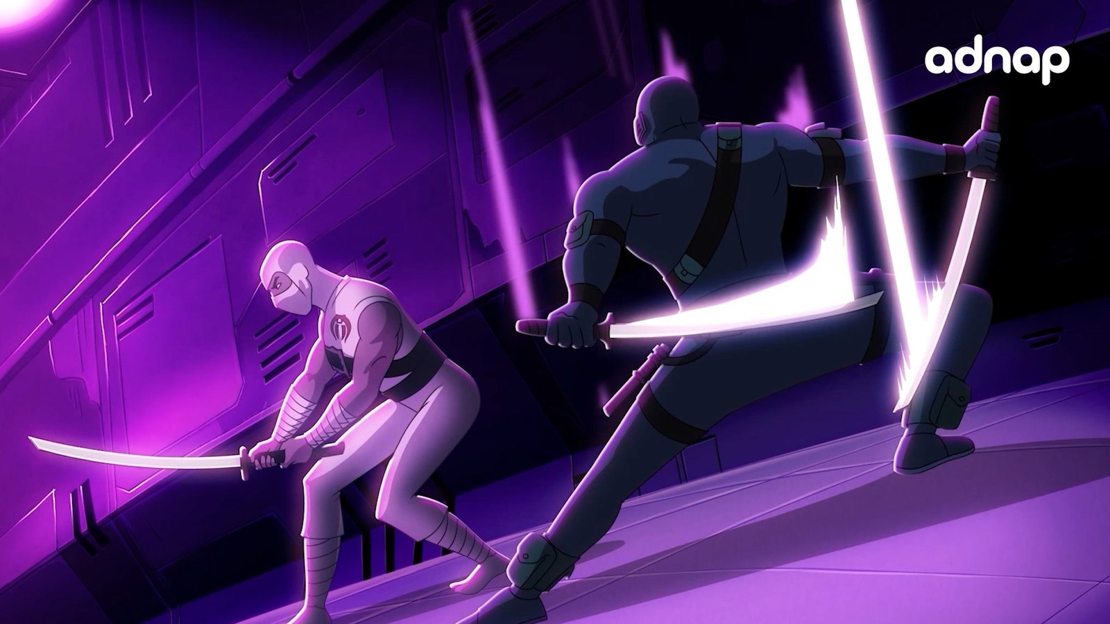 Two masked fighters clashing with glowing katanas in a purple sci-fi interior