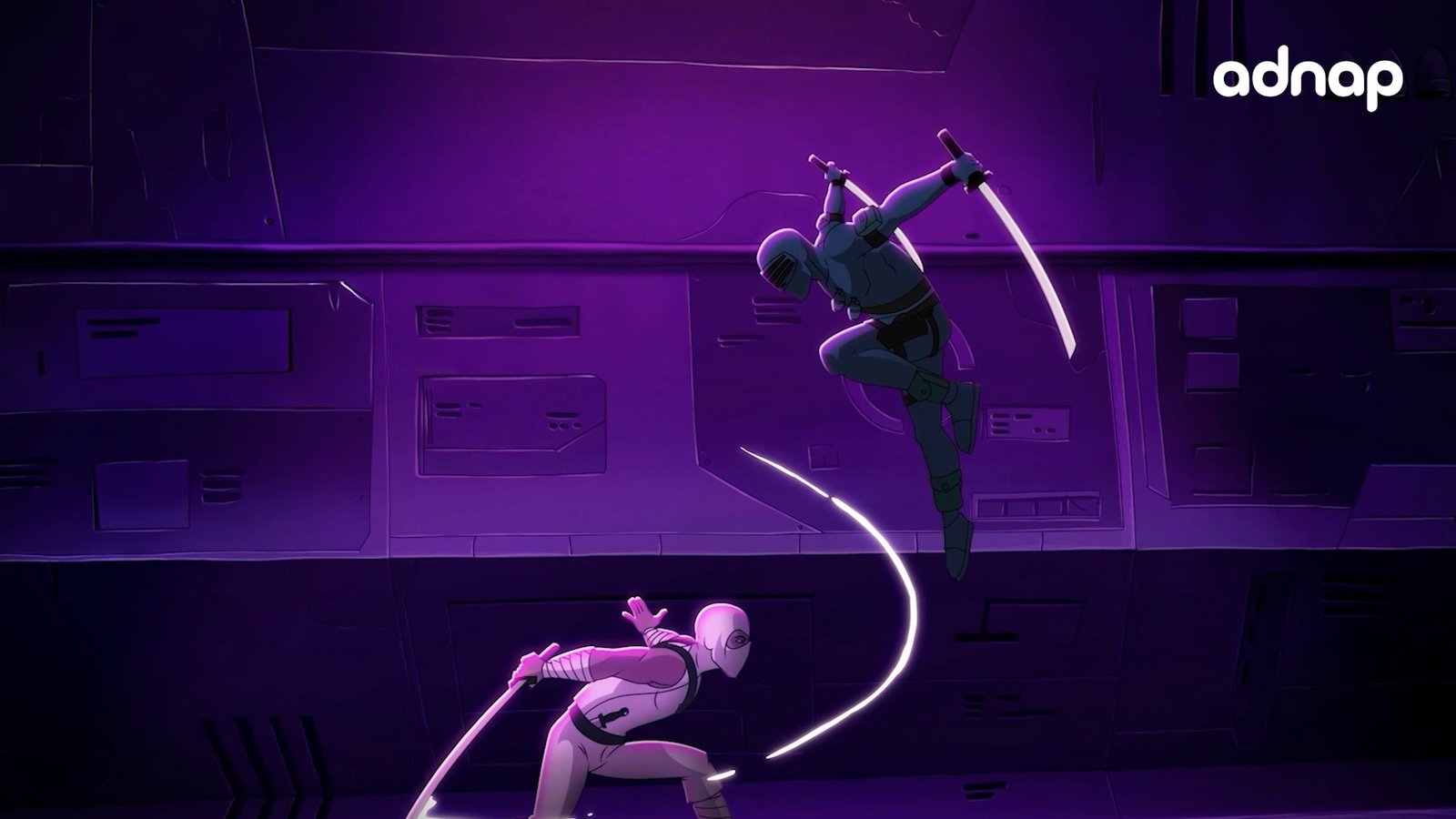Wide shot of a ninja leaping mid-air with twin blades as a second figure crouches below