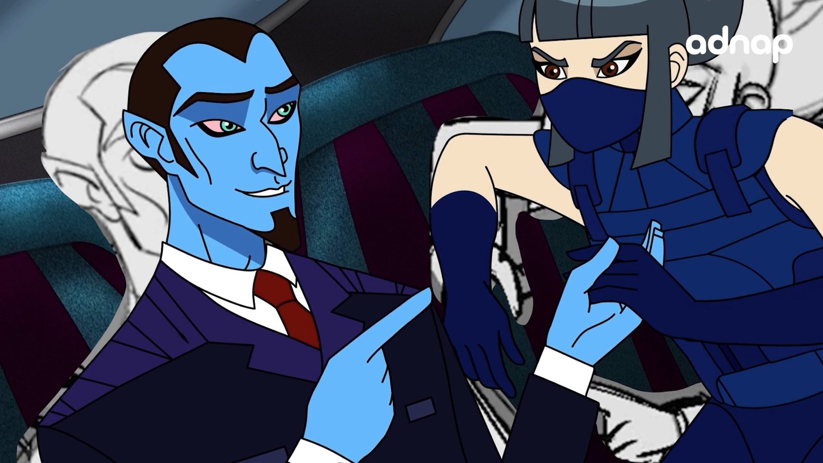 Stylised blue-skinned man in a suit seated beside a masked woman in blue tactical gear