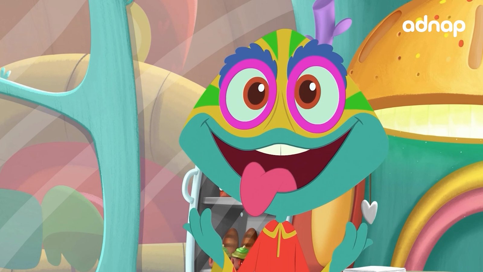 Grinning teal cartoon creature with oversized eyes in a pastel candy-coloured set
