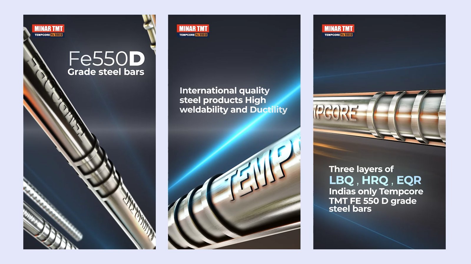 Minar TMT Fe550D steel bar renders with Tempcore branding across three vertical frames
