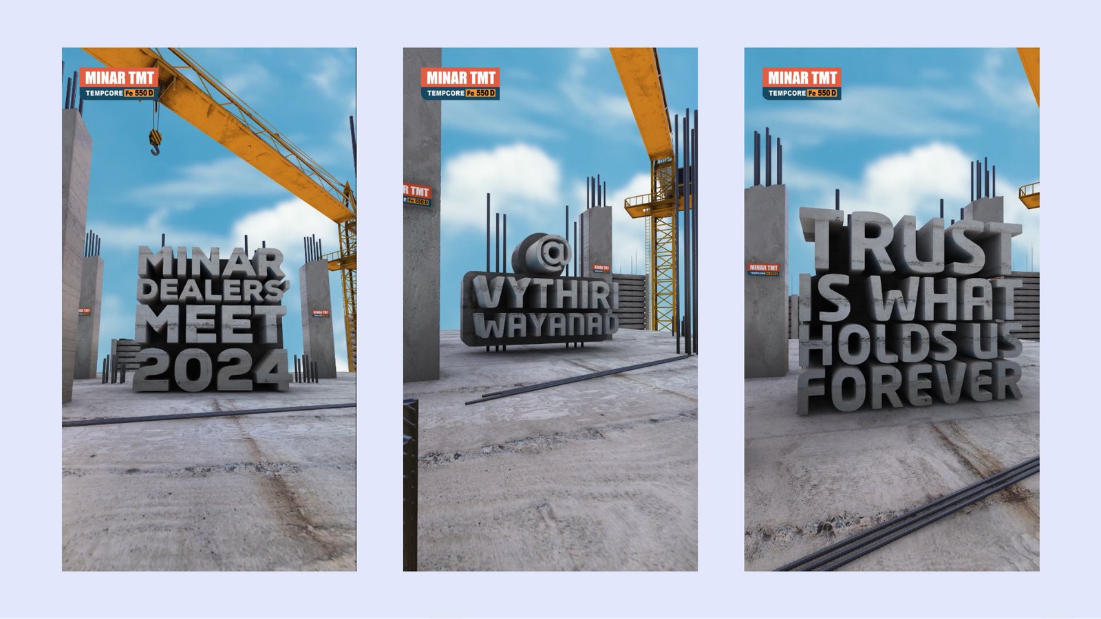 Minar TMT concrete-textured 3D lettering on a construction site — "Dealers Meet 2024" and "Trust is what holds us forever"