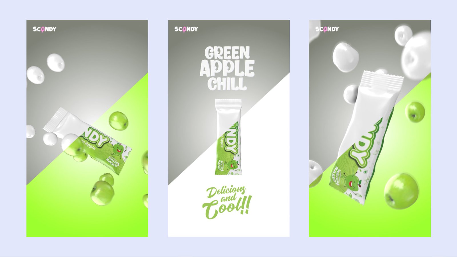 Scandy Green Apple Chill ice pop renders with floating green apples across three vertical frames