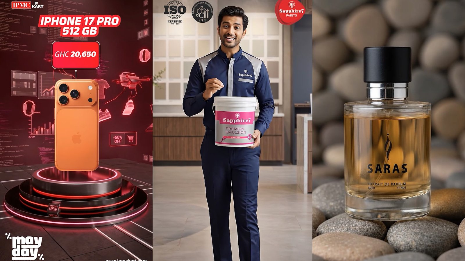 AI ad frames — iPhone 17 Pro price offer, a Sapphire7 Paints presenter holding a paint tub, and a Saras perfume bottle