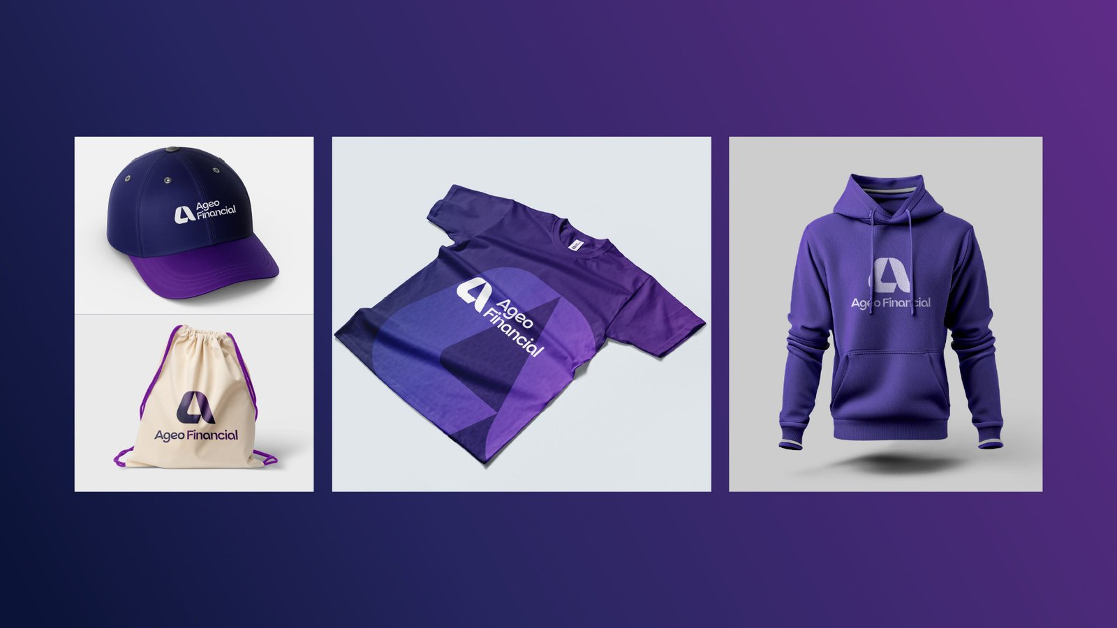 Ageo Financial branded apparel — navy cap, drawstring bag, purple t-shirt, and hoodie