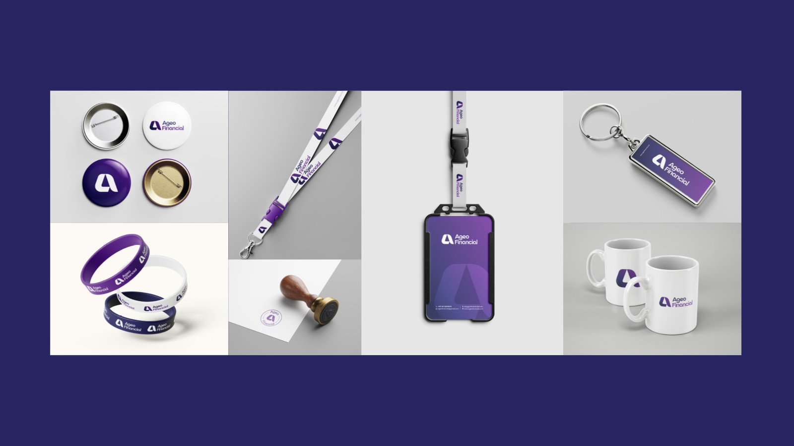 Ageo Financial merchandise — pin badges, wristbands, lanyard and ID card, wax stamp, keyring, and mugs