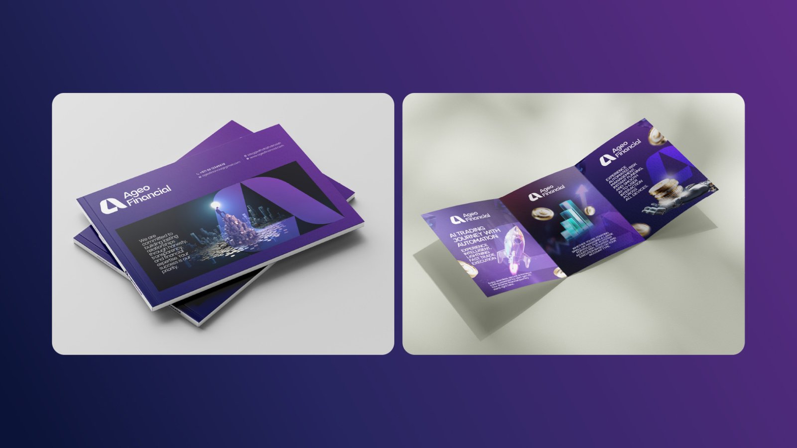 Ageo Financial brochure mockups — stacked covers and an open tri-fold spread