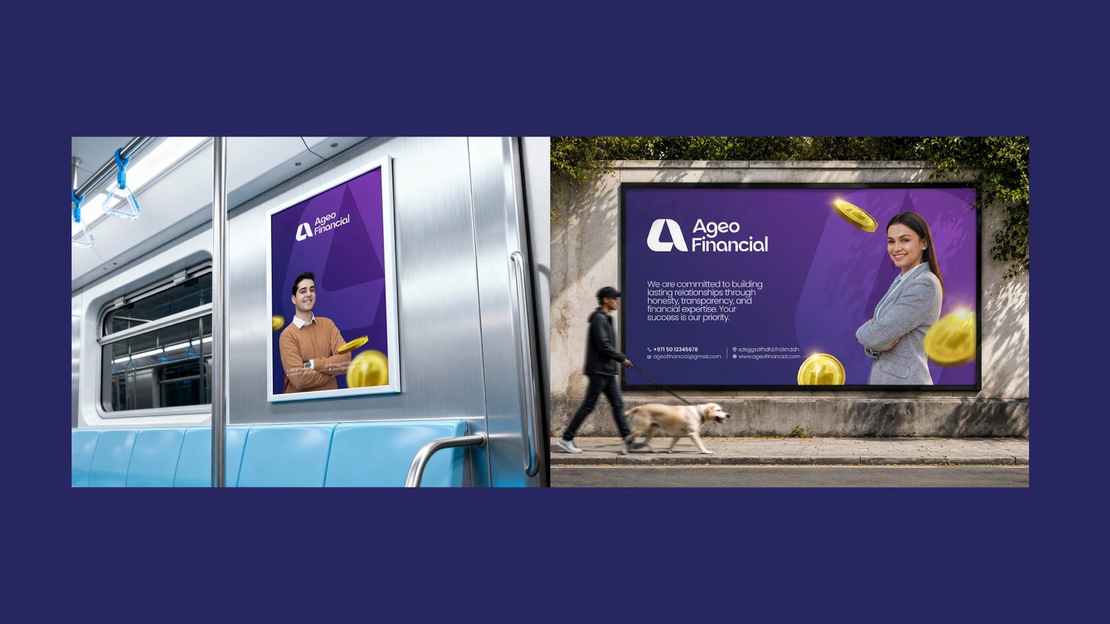 Ageo Financial out-of-home advertising — a metro carriage poster and a street-side billboard