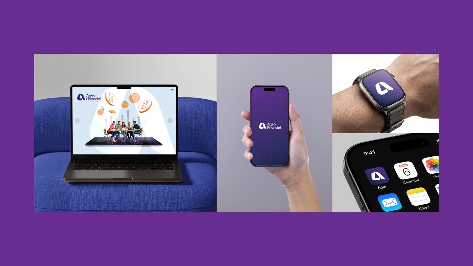 Ageo Financial digital presence — website on a laptop, app splash screen on a phone, smartwatch face, and home-screen icon