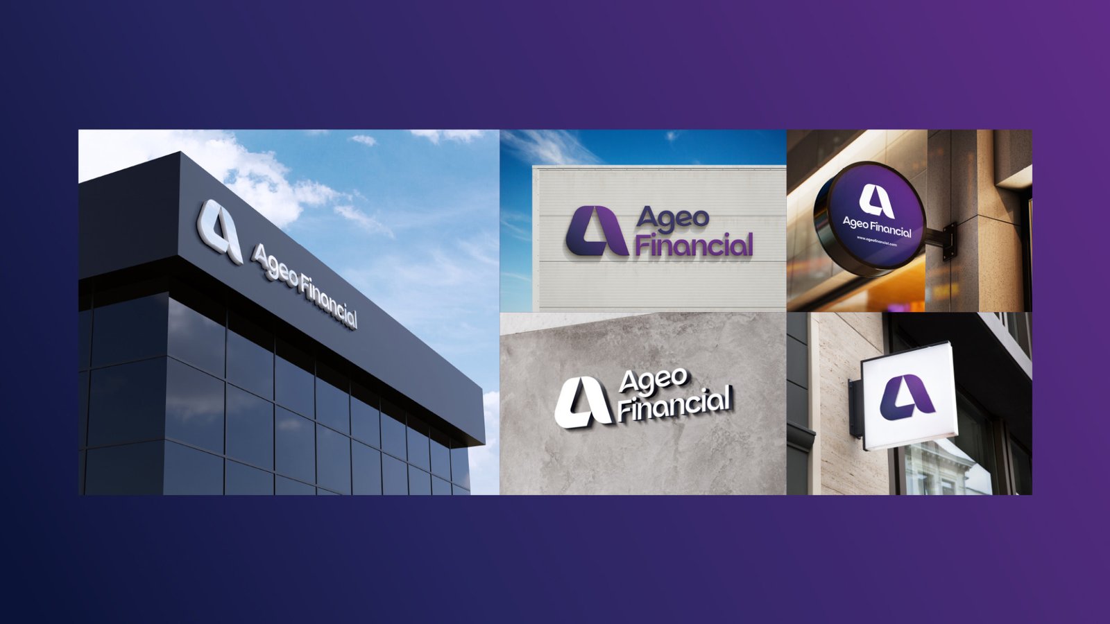 Ageo Financial exterior signage — rooftop lettering, wall-mounted logos, and illuminated projecting signs