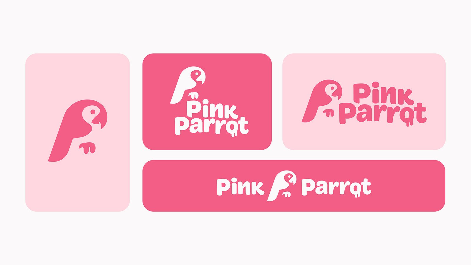 Pink Parrot logo lockups — icon-only, stacked, and horizontal versions on pink and cream tiles
