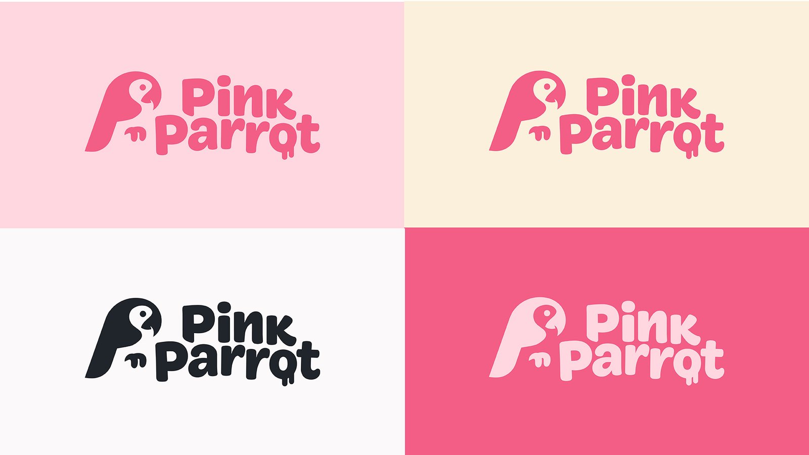Pink Parrot colourway tests — the logo shown on pink, cream, white, and deep pink backgrounds