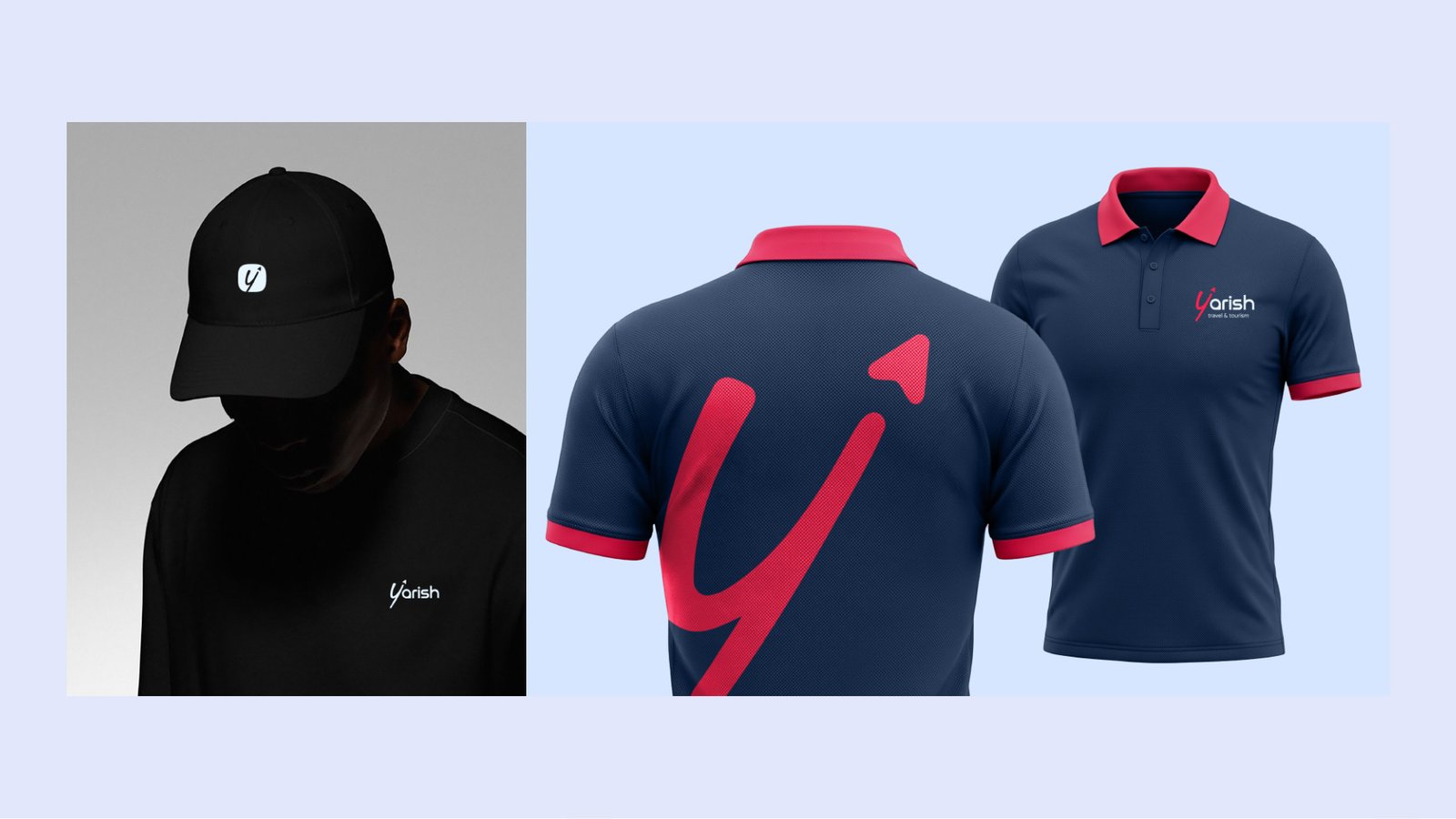 Yarish branded uniform — black cap and tee, plus navy polo shirts with a large red Y monogram