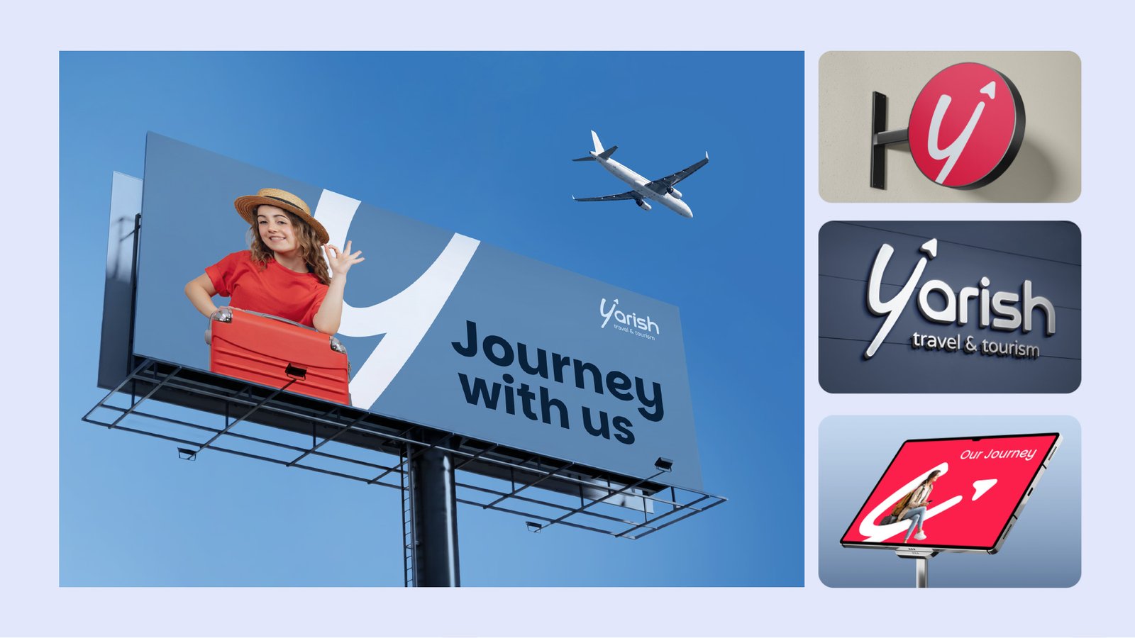 Yarish outdoor advertising — a "Journey with us" billboard and three illuminated storefront sign treatments