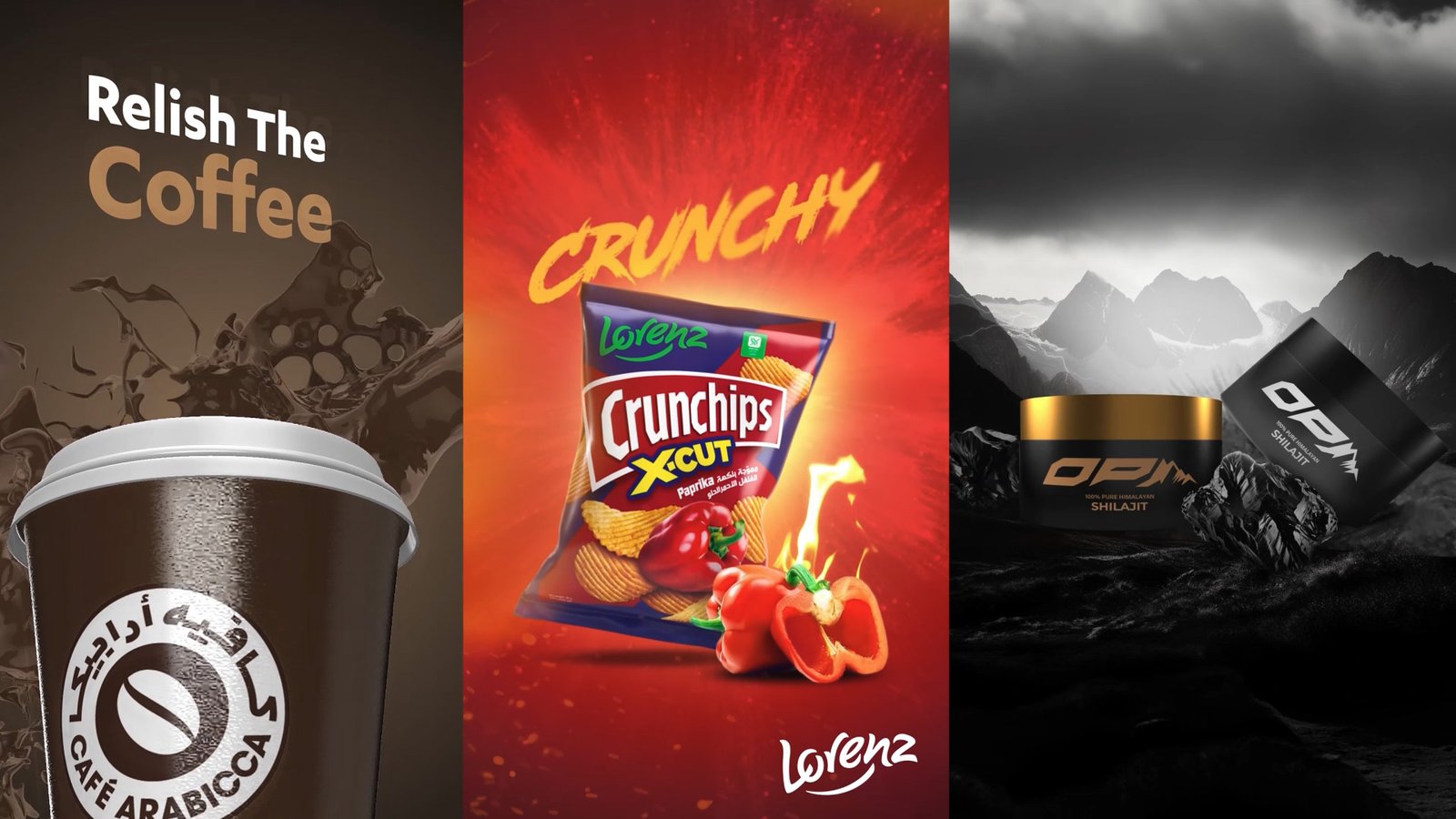 Motion graphics frames — "Relish The Coffee" title, a Crunchips pack against a fiery red burst, and OPM Shilajit against mountains