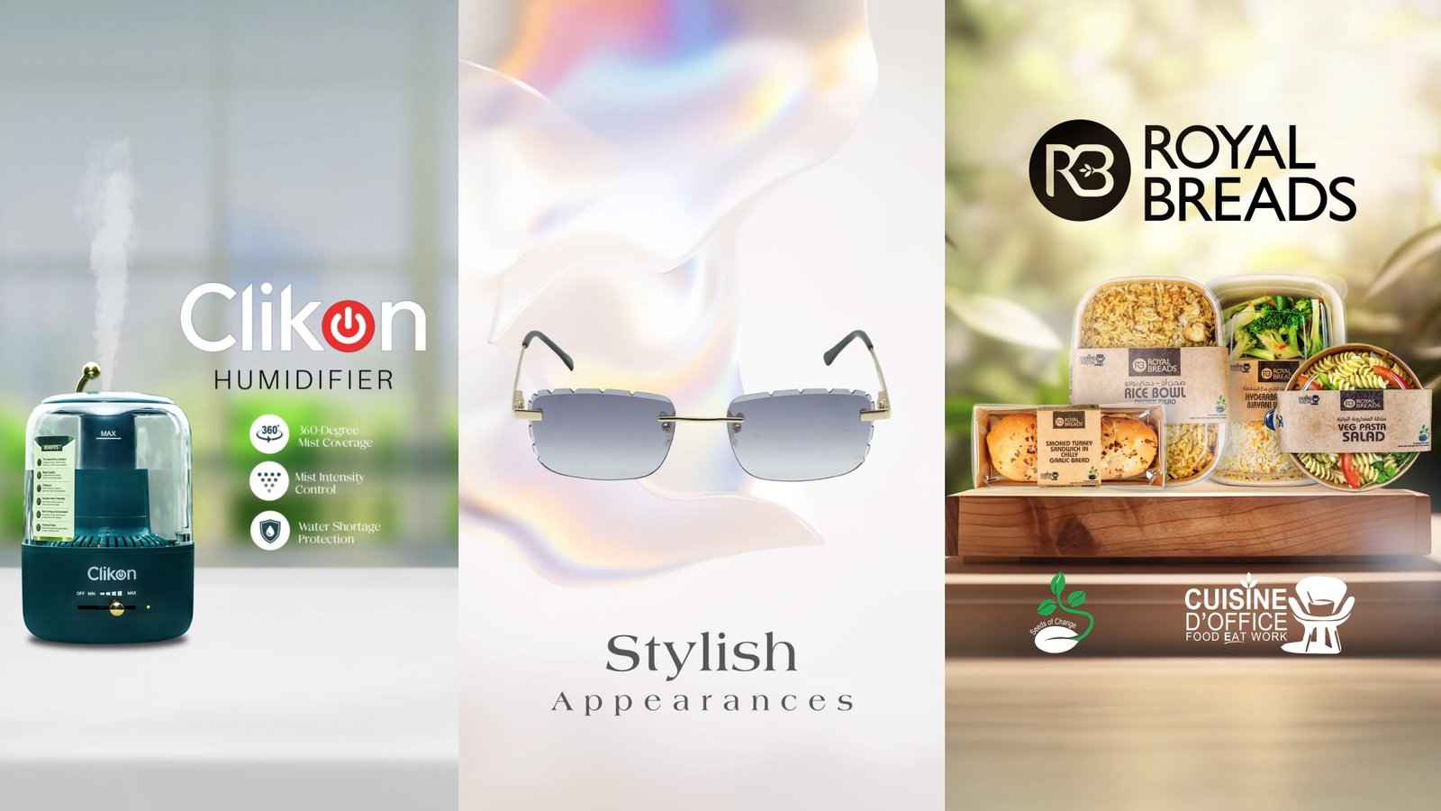Motion graphics frames — a Clikon humidifier, rimless sunglasses on an iridescent backdrop, and Royal Breads meal packs