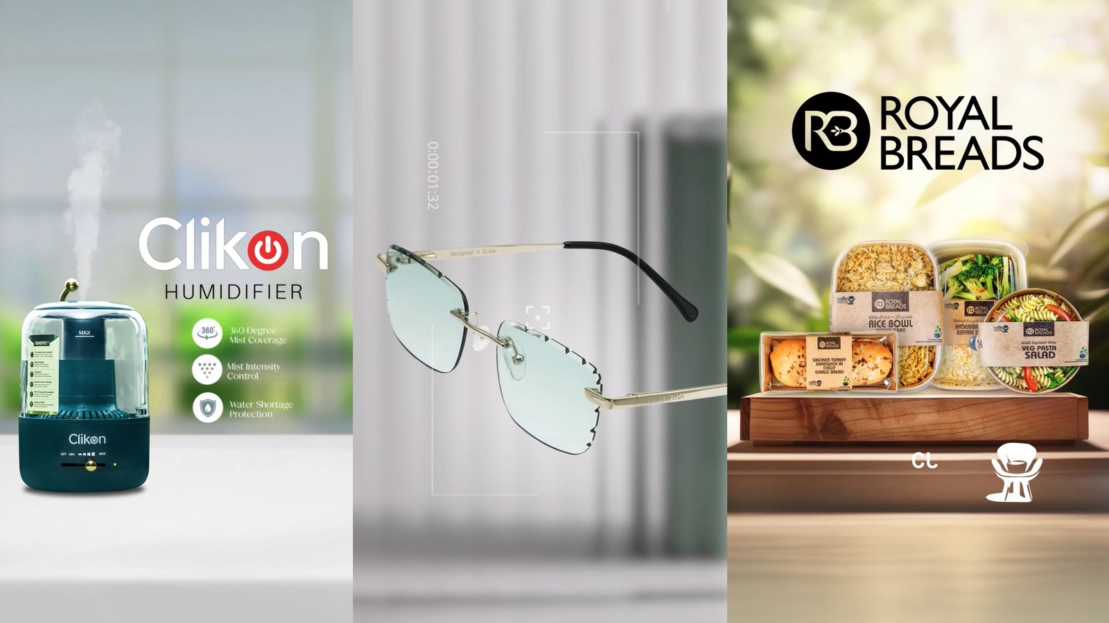 Motion graphics frames — Clikon humidifier feature callouts, a side view of the sunglasses, and the Royal Breads range on a wooden board