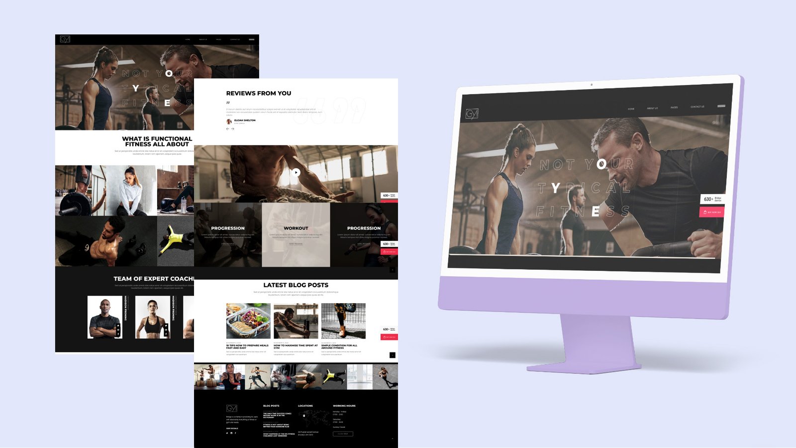 Fitness website design — "Not your typical fitness" hero on an iMac with interior page scrolls alongside